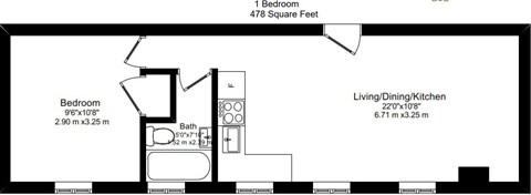 Floor plan for 1 bed, 1 bath, 375 sqft
